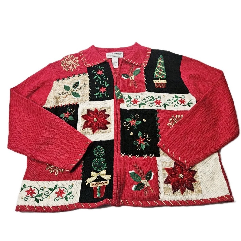 AUSTIN CLOTHING CO. Christmas Sweater Embroidered Knit Full Zip Ugly Party Sz XL
